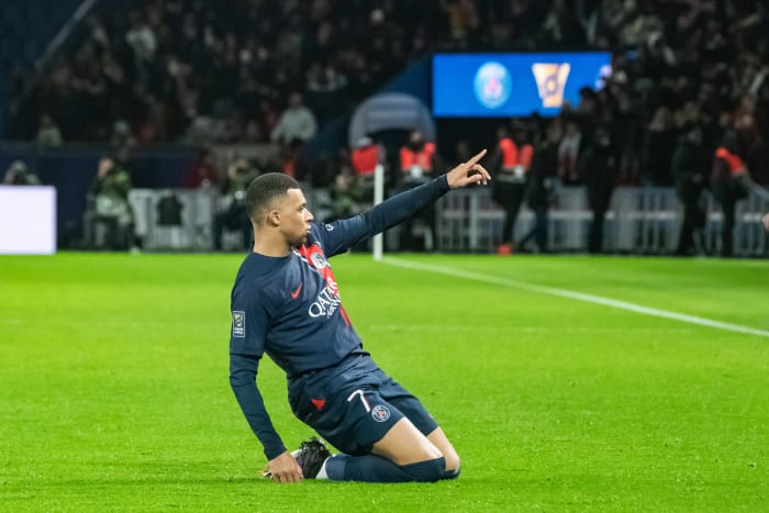 Kylian Mbappe pictured celebrating after scoring for Paris Saint-Germain against Toulouse in the 2023 French Super Cup final